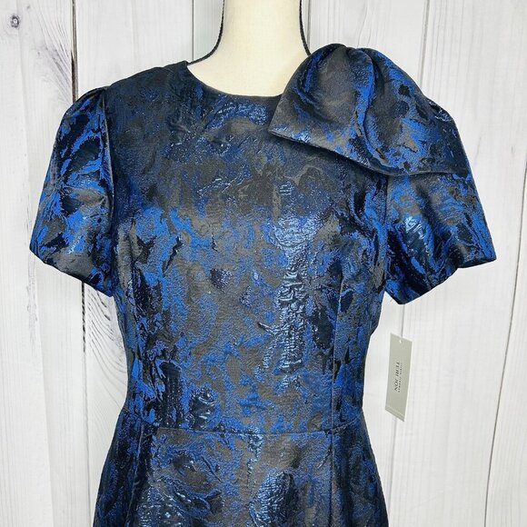 NWT Rickie Freeman for Teri Jon Blue Black Metallic Jacquard Bow Dress Sz 12 NEW - Picture 2 of 16